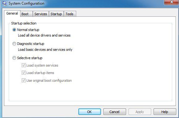 Zrzut ekranu Vista msconfig