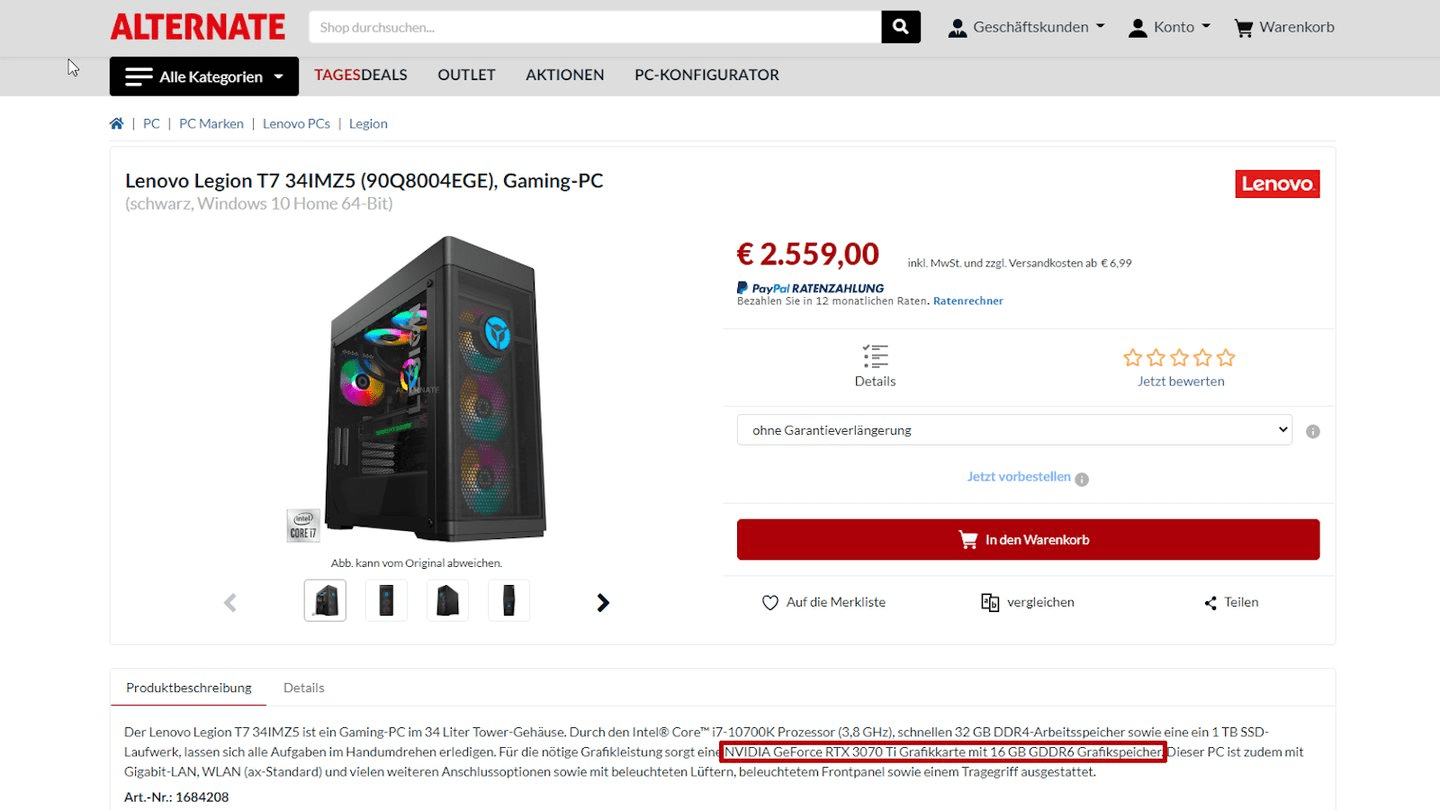 GeForce RTX 3070 Ti: Alternate listet Ampere mit 16 GB GDDR6 im Komplettsystem