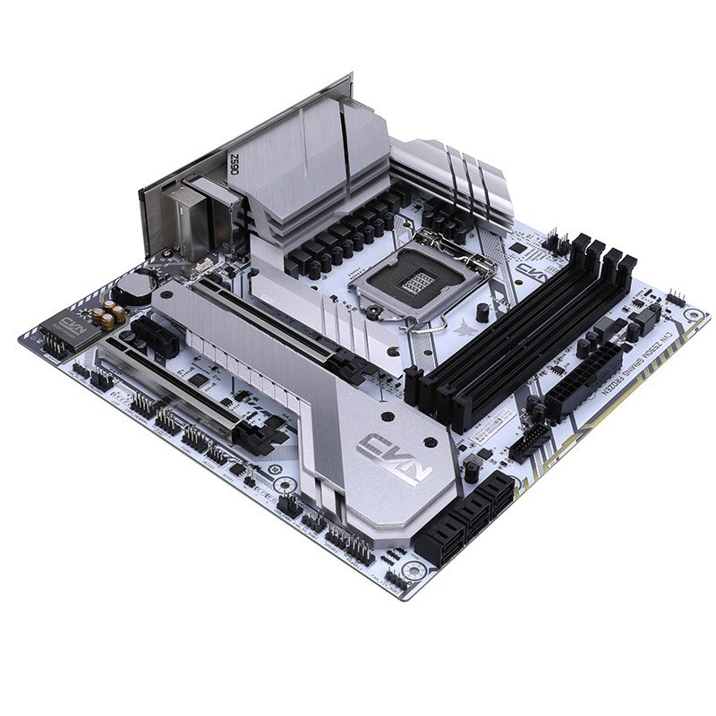 CVN Z590M Gaming Frozen V20: Seltenes µATX-Mainboard in weiß mit silbernen Kühlern